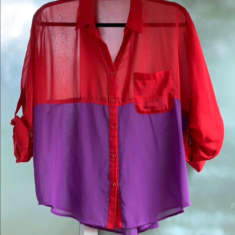 Button down red and purple blouse